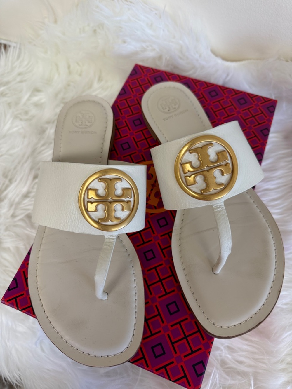 Tory Burch White Leather Thong Sandals with Gold Logo Medallions